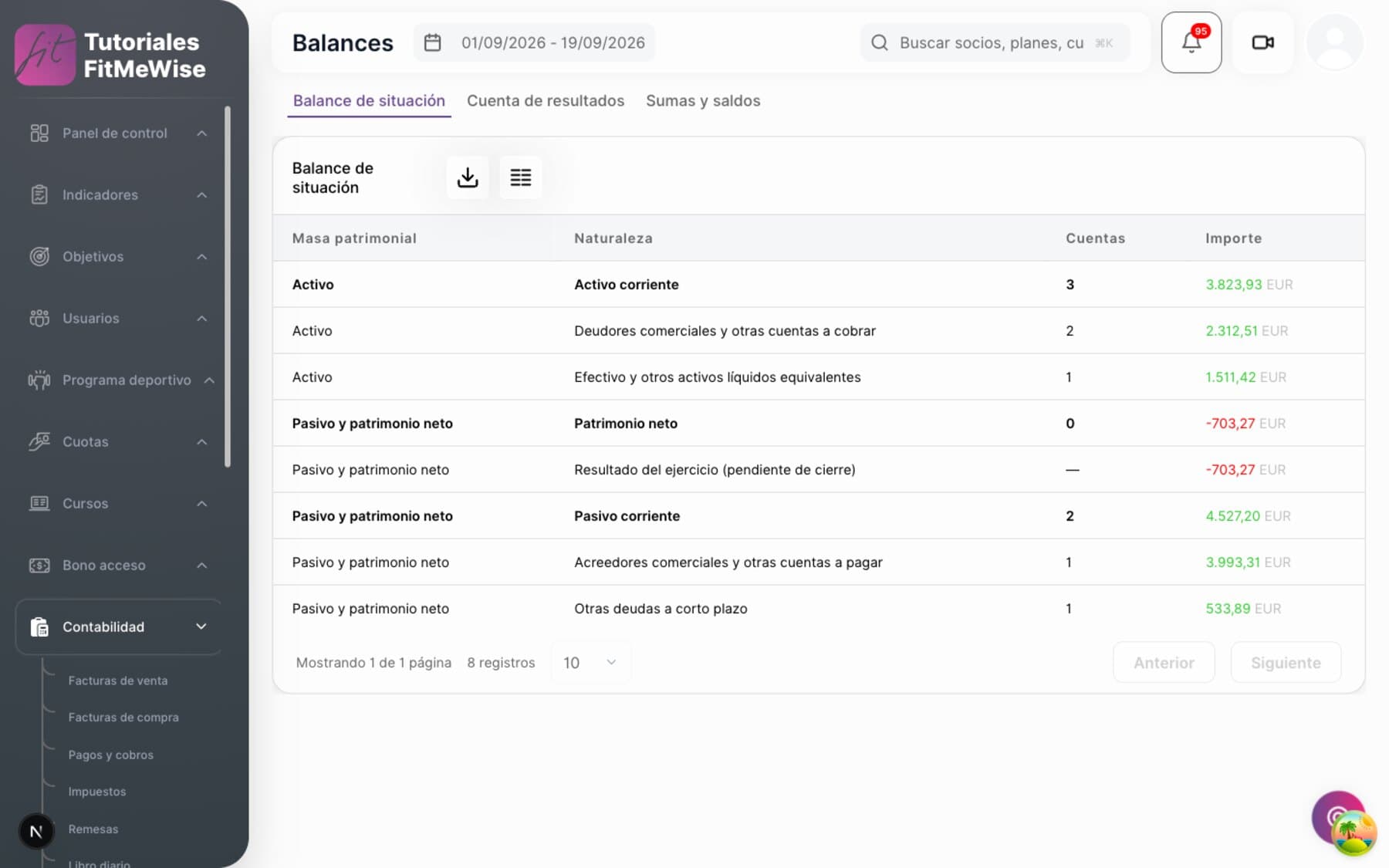 Balance de situación en Fitmewise, con el activo y el pasivo cuadrados por cuenta.