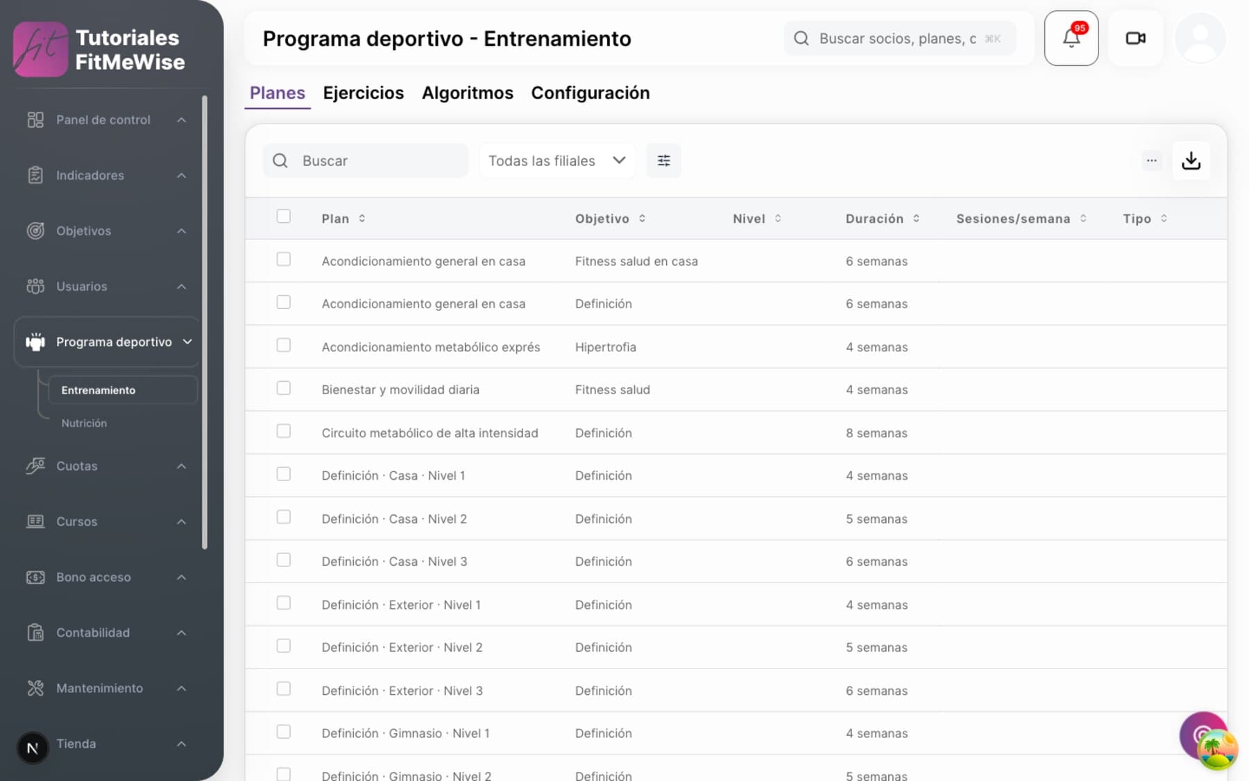 Listado de programas deportivos en Fitmewise, con los planes de entrenamiento creados para el centro.