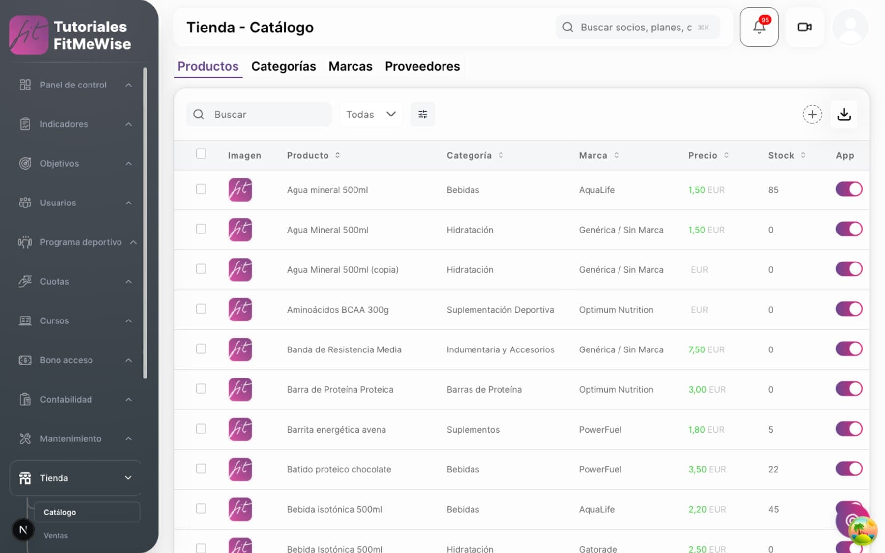 Catálogo de la tienda en Fitmewise, con el stock y el precio de cada artículo.