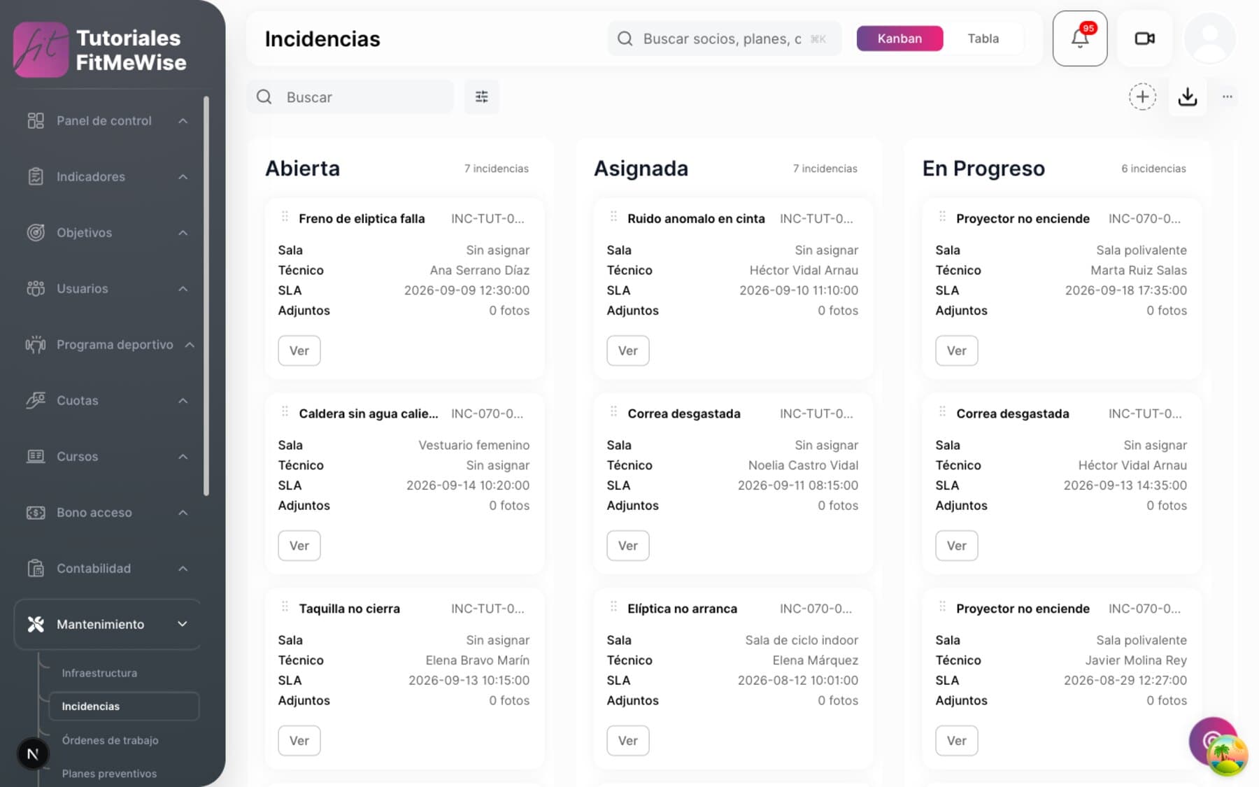 Tablero de incidencias de mantenimiento en Fitmewise, con las columnas de abierta, asignada y en progreso.