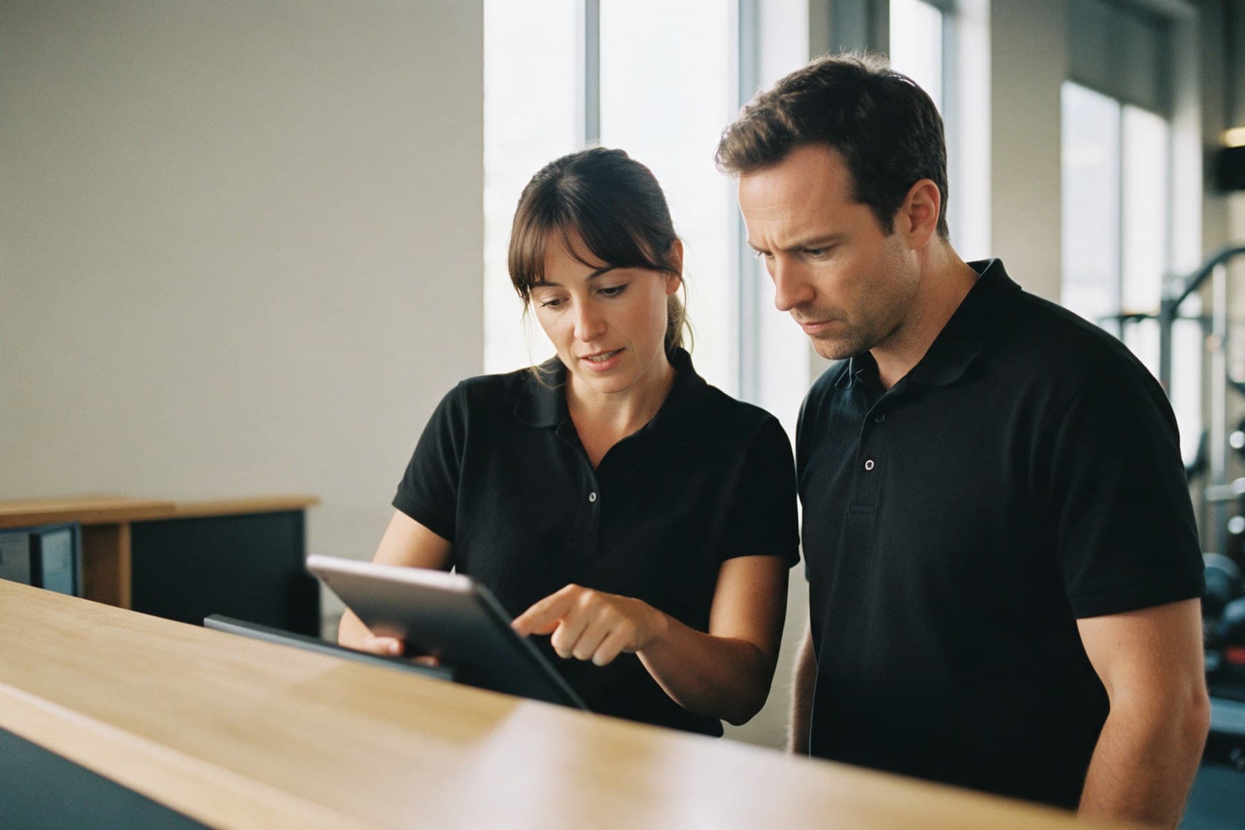 Dos personas del equipo revisando juntas una tablet en el mostrador