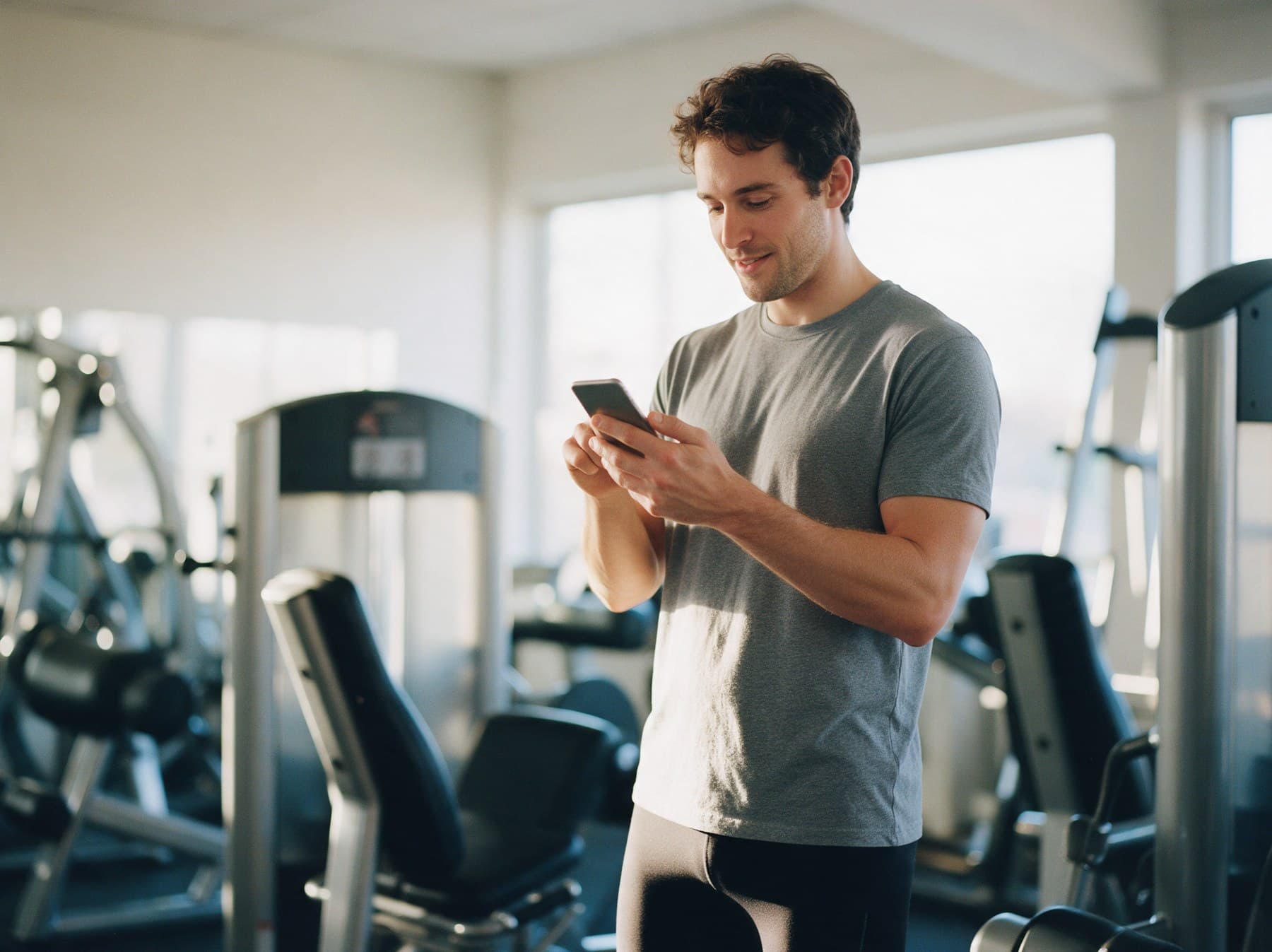 Socio joven en la sala de musculación escribiendo en el móvil